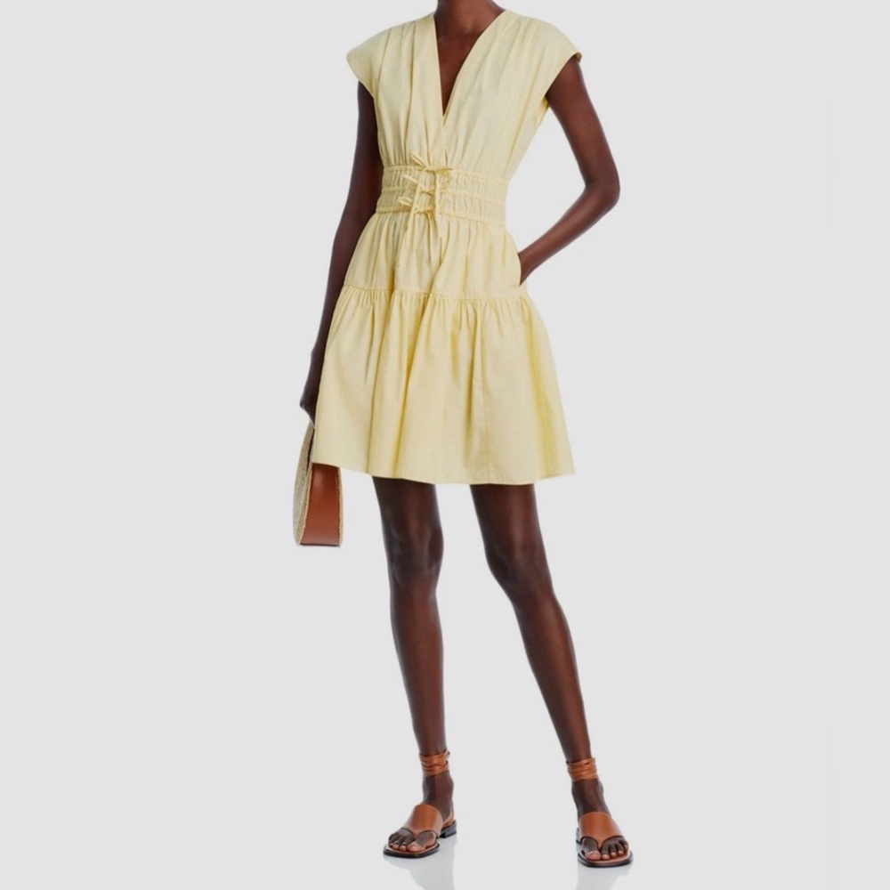 Derek Lam 10 Crosby Butter Yellow V-Neck Tiered Mini Smock Waist Easter Dress 2